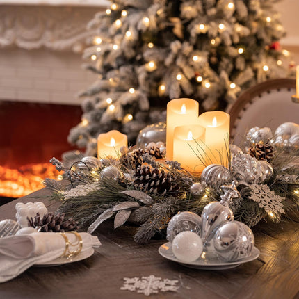 Valery Madelyn 24 Inch Pre-Lit Christmas Wreath for Front Door with Lights, Large Lighted Christmas Wreath with Silver Xmas Balls Snowflakes for Fireplace Window Outdoor Table Centerpiece Decoration