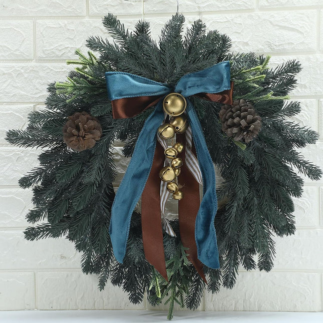 Christmas Norfolk Pine Wreath with Vintage Rustic Bell Velet Ribbon 21.6 Inch Cedar Wreath Pine Cones Artificial Greenery Real Touch Pine Wreath for Indoor Outdoor Wall Window Holiday Decor