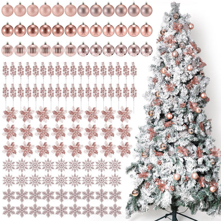 Ceenna 132 Pcs Christmas Tree Ornaments Set Glitter Poinsettia Flowers 2.36 inch Christmas Balls Snowflakes Decorations Artificial Berry Picks for Xmas Tree Wreath, Hooks Included (Rose Gold,Delicate)