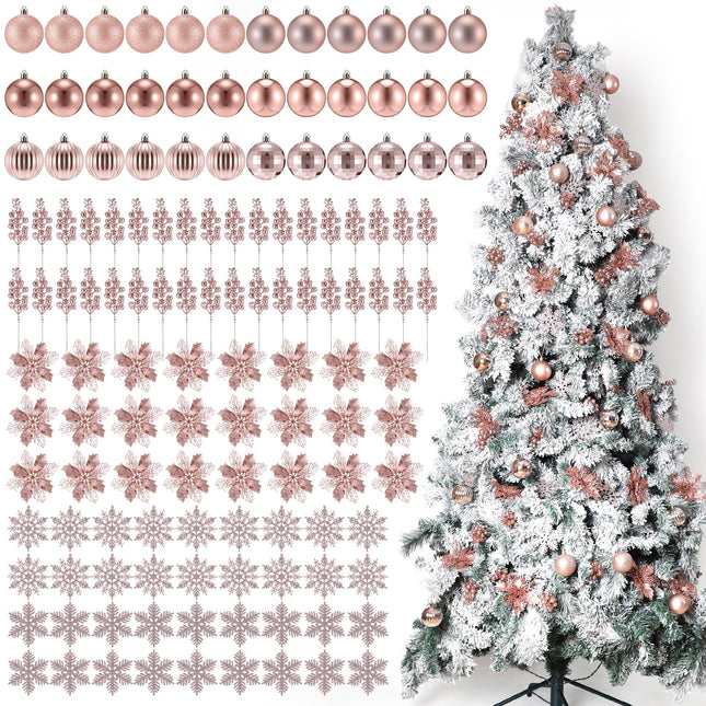 Ceenna 132 Pcs Christmas Tree Ornaments Set Glitter Poinsettia Flowers 2.36 inch Christmas Balls Snowflakes Decorations Artificial Berry Picks for Xmas Tree Wreath, Hooks Included (Rose Gold,Delicate)