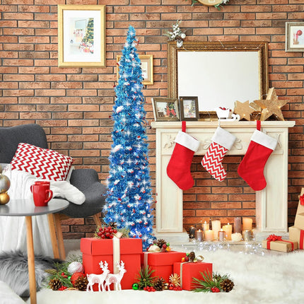 5ft Blue Snowman Christmas Tree, Collapsible Tinsel Artificial Pencil Small Christmas Tree with Lights Decorations for Home Apartment Party Indoor Outdoor Christmas Decorations