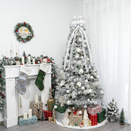 Christmas Tree Topper Bow, 53x13 Inches Large Christmas Bow with Glitter Streamer and Patterned Ribbon, Decorative Bows for Xmas Tree Wreath Door Festival Home Decor(White & Silver Snowflake)
