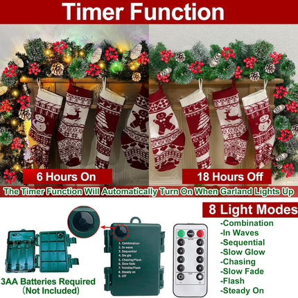 Remote Control - 9 Ft Prelit Christmas Garland 50 Lights Timer 8 Mode Thick 300 Branches 198 Red Berry 18 Pinecone Battery Operated Cedar Garland Outdoor Christmas Garland for Stairs Indoor Xmas Decor
