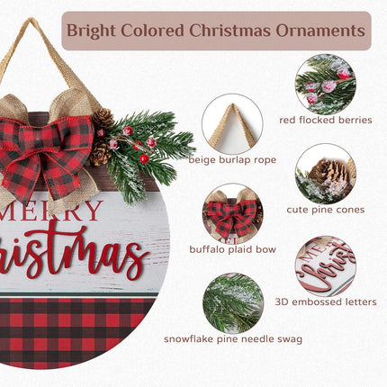 Christmas Sign for Front Door Wall Decor - Walasis Merry Christmas Signs Hanging for Indoor with Buffalo Plaid Bow Farmhouse 12 inch Red Xmas Wreath Hanger Decorations