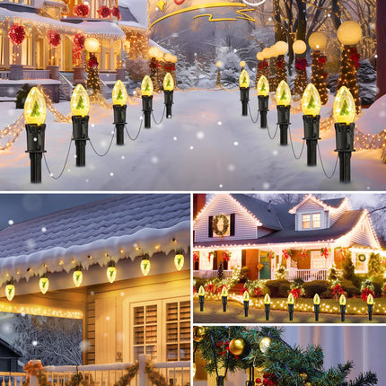 C9 Christmas Pathway Lights Outdoor, 25Ft 20 LED Christmas String Lights with Stakes, 4 Light Modes, Waterproof Connectable Christmas Decorations for Outside Lawn Yard Sidewalk Driveway, Warm White