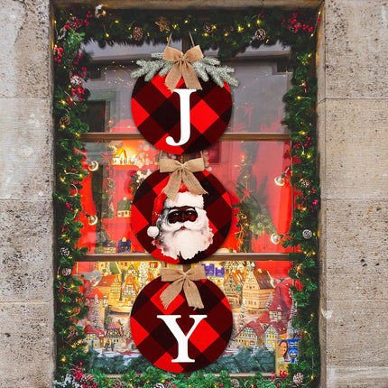 Christmas Black Santa Joy Wood Sign African American Christmas Decoration Red and Black Buffalo Check Plaid Xmas Hanging Ornaments for Xmas Year Winter Home Party Supplies