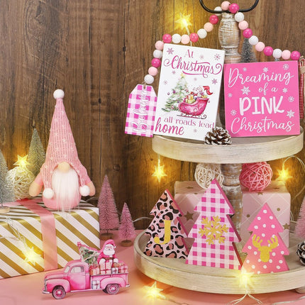 Pink Christmas Tiered Tray Decor 8 PCS Pink Christmas Decorations Indoor - Believe Christmas Wooden Signs & Pink Christmas Gnome Plush Set - Christmas Table Decor Tier for Home Kitchen Mantel