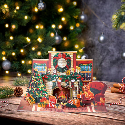 Christmas Fireplace Pop Up Card, Cat and Dog, Christmas Tree, Wreath, Garland, s, Stockings, Cozy 3D Greeting Card, Ideal for Cat and Dog Person, Family, Friends, 5x7