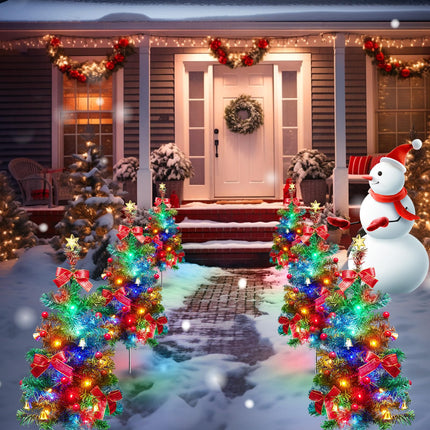 Solar Christmas Tree, 4 Packs Each 2.5 Ft Outdoor Lighted Christmas Tree with Multicolor Christmas Lights, Small Christmas Tree with Lights