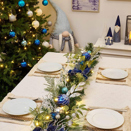 Valery Madelyn 6 feet Pre-Lit Christmas Garland with Lights for Mantle, Lighted Battery Operated Xmas Garland with Silver Blue Balls Ribbons for Front Door Fireplace Table Centerpiece Outdoor Decor