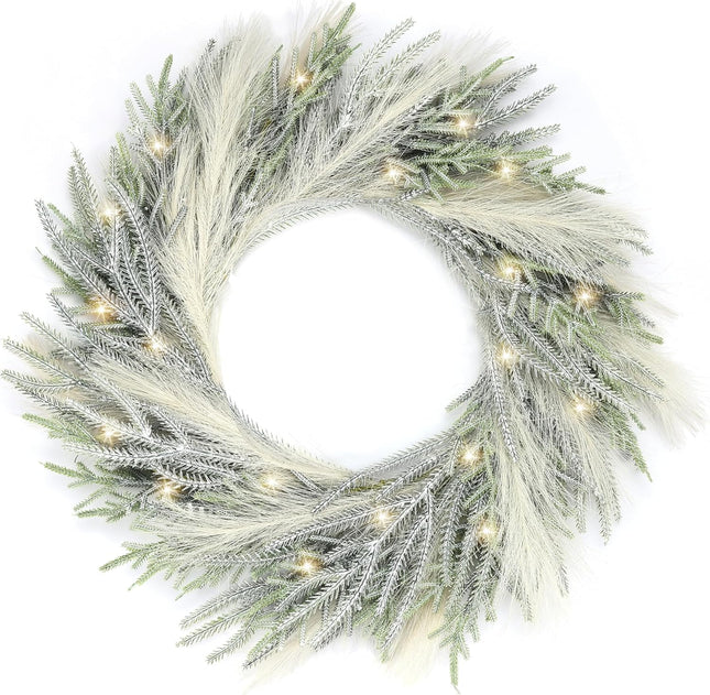 Perfnique 24'' Christmas Wreaths for Front Door with Lights, Norfolk Pine Wreath with Pampas Grass, Winter Christmas Outdoor Indoor Wreaths for Wall Window Fireplace Home Holiday Decor