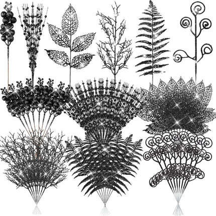Ceenna 48 Pcs Glitter Christmas Tree Picks and Sprays Artificial Christmas Berries Stems Branches Beaded Stick Floral Twig Spray Leaves for Xmas Tree Ornaments DIY Vase Wreath Crafts(Black)
