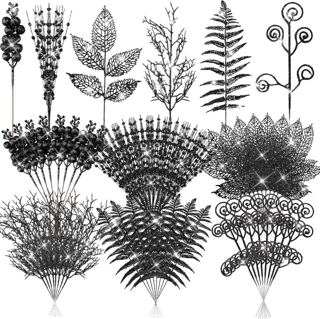 Ceenna 48 Pcs Glitter Christmas Tree Picks and Sprays Artificial Christmas Berries Stems Branches Beaded Stick Floral Twig Spray Leaves for Xmas Tree Ornaments DIY Vase Wreath Crafts(Black)