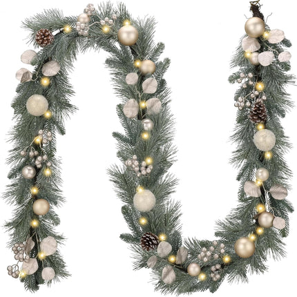 Valery Madelyn 9 feet Pre-Lit Christmas Garland with Lights for Mantle, Lighted Battery Operated Xmas Garland with White Gold Ball for Front Door Fireplace Table Centerpiece Outdoor Window Home Decor