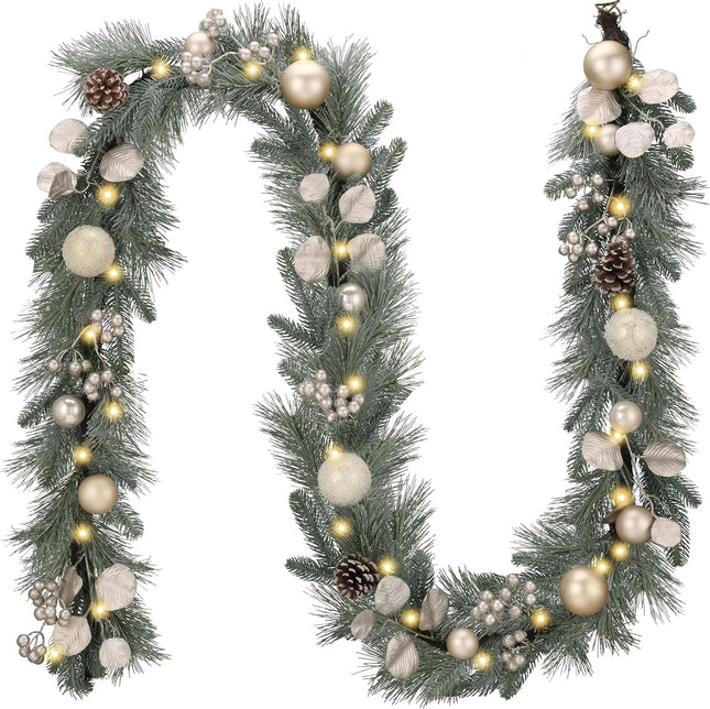 Valery Madelyn 9 feet Pre-Lit Christmas Garland with Lights for Mantle, Lighted Battery Operated Xmas Garland with White Gold Ball for Front Door Fireplace Table Centerpiece Outdoor Window Home Decor