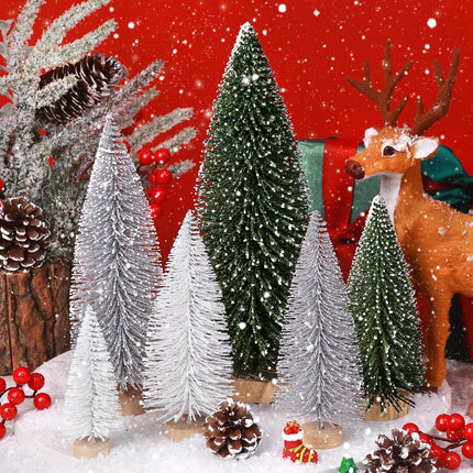 6pcs Mini Christmas Trees Christmas Decor, Artificial Christmas Mini Bottle Brush Trees Tabletop, Christmas Decoration Trees with 4 Size Xmas Holiday Decor (6pcs Green+Silver+White)