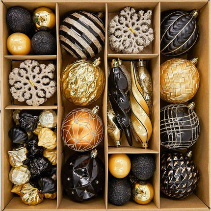 70CT Shatterproof Christmas Ornaments Set Xmas Tree Balls Decorative Ornaments with Hooks for Holiday Halloween Party Decorations, Black & Gold
