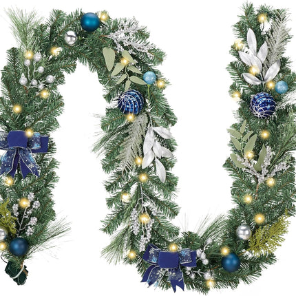 Valery Madelyn 9 feet Pre-Lit Christmas Garland with Light for Mantle, Lighted Battery Operated Xmas Garland with Silver Blue Balls for Front Door Fireplace Table Centerpiece Outdoor Window Home Decor
