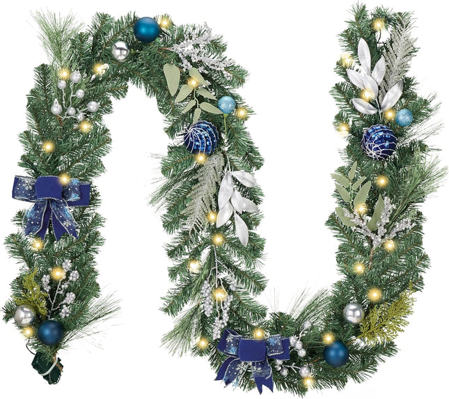 Valery Madelyn 9 feet Pre-Lit Christmas Garland with Light for Mantle, Lighted Battery Operated Xmas Garland with Silver Blue Balls for Front Door Fireplace Table Centerpiece Outdoor Window Home Decor