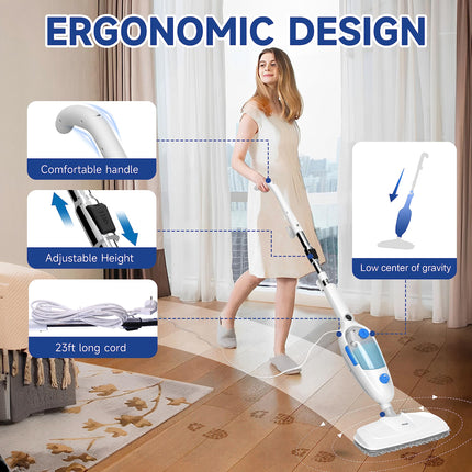 Steam Mop For Floor Cleaning, Multi Purpose Handheld Steamer Cleaner Detachable 10In1 For Vinyl, Laminate, Carpet, Tile Hard Floor Grout W 2 Pad, 23Ft Cord, 15Oz Tank, Adjustable Steam & Height