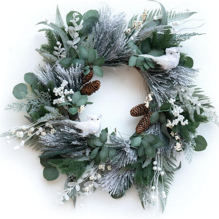 Winter Wreaths for Front Door 24 Inch Snowy Flocked Christmas Wreath Artificial Green Olive Eucalyptus Wreath with Cute White Owl,Pine Cones,Cedar,White Berries for Indoor Outdor Decor