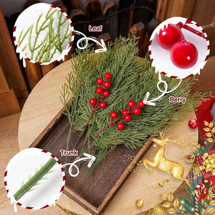 40 PCS Christmas Artificial Pine Branches with Red Berry Stems, 13.4" Christmas Faux Cedar Stems, Fake Christmas Greenery Pine Picks, Fake Foliage Pine Needles Picks for DIY Craft Garland Home Decor