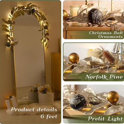 Decorbyhannah Christmas Garland with Lights, 6ft Prelit Christmas Garland Decorations with Gold Leaves Ornaments, Battery Operated Christmas Garland Indoor for Mantle, Stairs(Luxury Gold & Black)