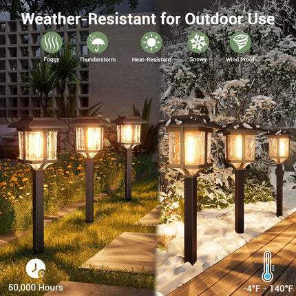 XMCOSY+ Solar Outdoor Lights 15 LM Garden Lights with Metal Glass, 2-Tone Bronze & Wood (Color) Pathway Lights, IP65 Waterproof LED Lighting for Yard Landscape Walkway Driveway (4 Pack, Warm White)