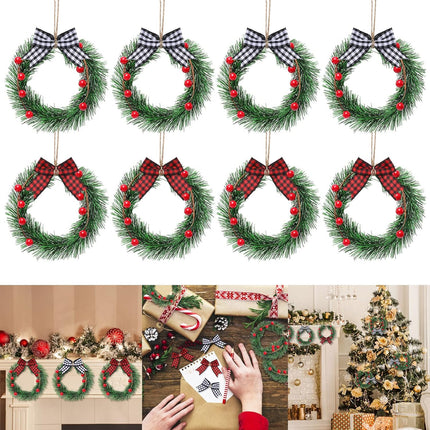 Whaline 8Pcs Mini Christmas Wreath with 8Pcs Mini Plaid Bows Christmas Pine Wreaths Black White Red Bow Christmas Hanging Ornaments for Christmas Tree Window Wall Door Holiday Festival Decoration