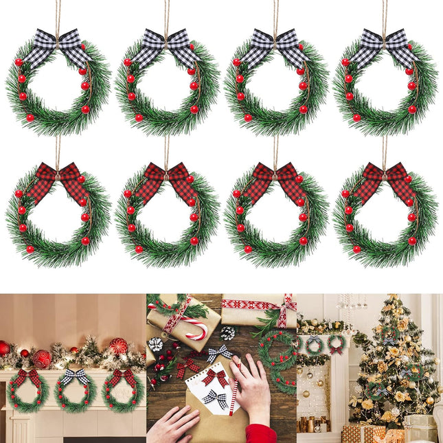 Whaline 8Pcs Mini Christmas Wreath with 8Pcs Mini Plaid Bows Christmas Pine Wreaths Black White Red Bow Christmas Hanging Ornaments for Christmas Tree Window Wall Door Holiday Festival Decoration