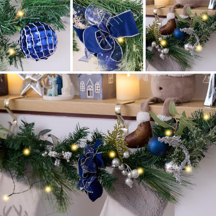 Valery Madelyn 6 feet Pre-Lit Christmas Garland with Lights for Mantle, Lighted Battery Operated Xmas Garland with Silver Blue Balls Ribbons for Front Door Fireplace Table Centerpiece Outdoor Decor