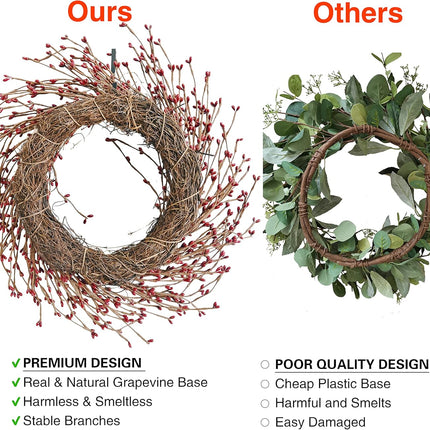 Spring Front Door Wreath 18 Inch Artificial Twig Wreath Winter Red&Burgundy Berry Wreath Artificial Eucalyptus Leaves Wreath with Large Grapevine Wreath for Farmhouse Window Hanging Christmas Decor