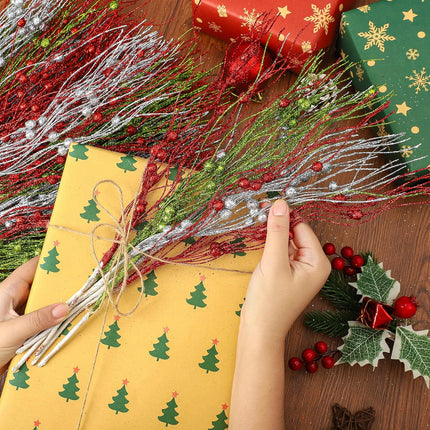 45 Pcs Christmas Glitter Berry Stems 16.9 Inch Artificial Curly Berry Stems Decorative Glittery Twigs Sticks Branches Ornaments for Xmas Tree Vase DIY Wreath Crafts Home Decor (Red, Green, Silver)