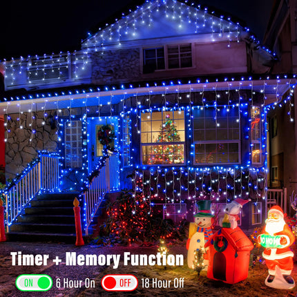 Joomer Christmas Icicle Lights, 32Ft 8 Modes Waterproof Christmas Icicle String Lights Outdoor Connectable with Timer for Party, Eaves, Roofs, Holiday, Christmas Decorations (White+Blue)