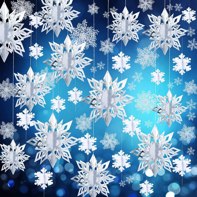 42 Pieces Winter Christmas Party Decorations 3D Snowflake Hanging Decoration Set 3D Hanging Snowflake Decoration Pendant for Christmas Winter Party Year Home Decoration