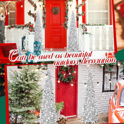 Leyndo 2 Pcs 5 ft Collapsible Artificial Christmas Tree Pencil Pop up Christmas Tree Tinsel Skinny Silver Sequined Christmas Tree for Home Fireplace Decoration