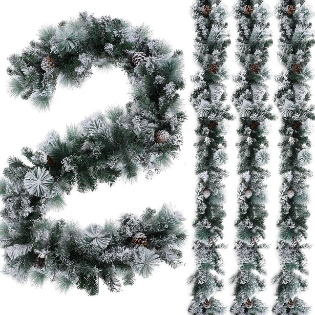 Chuangdi 3 Pcs Snow Flocked Christmas Garland, 18 Ft Snowy Christmas Cedar Garland, White Winter Frosted Holiday Pine Garland, Flocked Spruce Garland for Xmas Tree Stairs Fireplace Decor