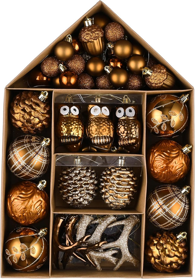 Valery Madelyn Fall Ornaments for Christmas Trees, 70ct Bronze Copper and Gold Shatterproof Christmas Fall Tree Decorations, Woodland Brown Hanging Ball Ornaments Bulk for Thanksgiving Autumn Harvest
