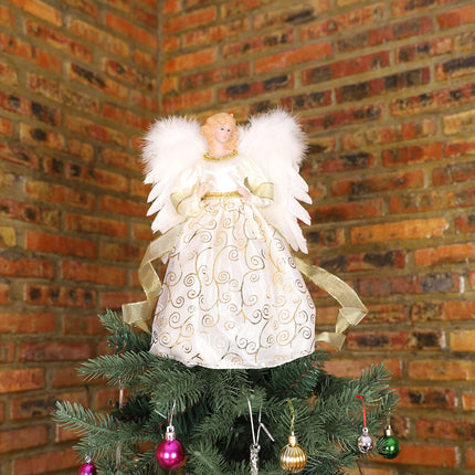 HOHOTIME 12'' Angel Tree Topper with White Feather Wings and Gold Skirt, Christmas Tree Topper with LED Light for Tree Toppers Holiday Ornament Decorations, Gold