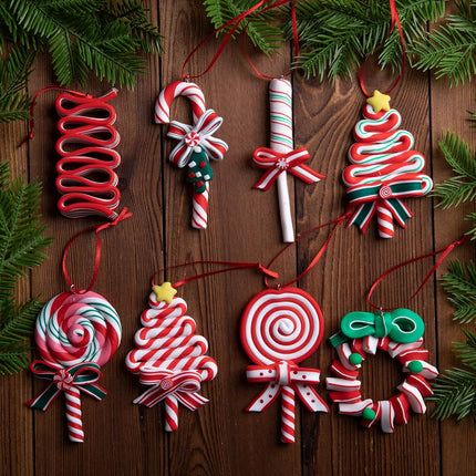 codree 8 PCS Christmas Hanging Lollipop Ornaments- Candy Ornaments for Christmas Tree- Candies Polymer Clay Ornament for Xmas Tree Party Decoration