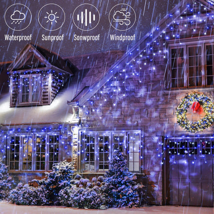 Joomer Christmas Icicle Lights, 32Ft 8 Modes Waterproof Christmas Icicle String Lights Outdoor Connectable with Timer for Party, Eaves, Roofs, Holiday, Christmas Decorations (White+Blue)