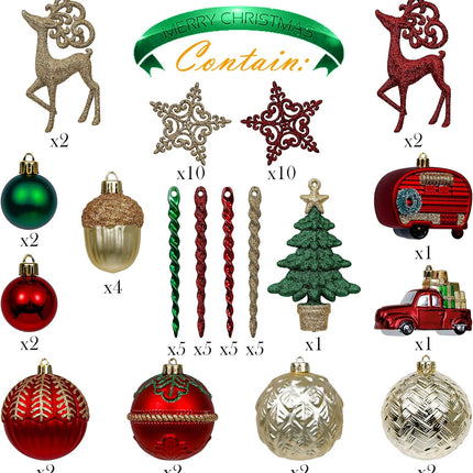 Valery Madelyn Christmas Tree Ornaments Set, 60ct Red Green and Gold Shatterproof Christmas Tree Decorations Bulk, Traditional Country Hanging Ball Ornaments for Xmas Trees Holiday Decor