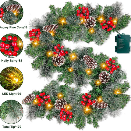 6 Ft by 10 Inch Pre-lit Artificial Christmas Garland 30 Warm Lights Timer 8 Modes Battery Powered 170 Branch Snowy Bristle Pine 132 Red Berries 12 Pinecone Xmas Decoration Indoor Home Mantle Fireplace
