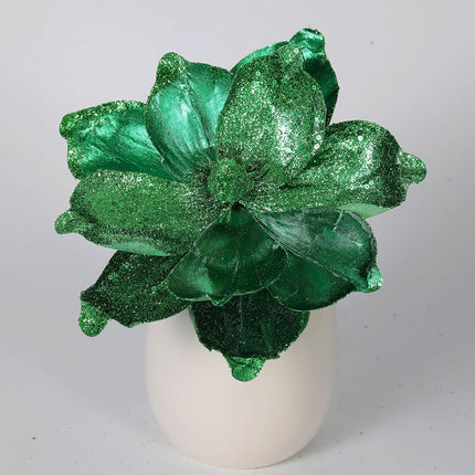 GL-Turelifes 10’’ Large Glitter Christmas Flowers 6 Pcs Artificial Magnolia Flower Ornaments Fold Floral for Christmas Tree Decorations Xmas Tree Year Party Wedding Centerpiece (Green)
