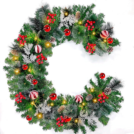 6 Ft Prelit Christmas Garland Decoration with 30 Lights Timer 8 Modes 20 Snowy Bristle Pine,12 Ball Ornaments, 12 Pinecones,132 Red Berries,4 Cypress Leaves Battery Operated for Home Indoor Xmas Decor