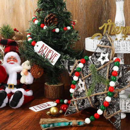 Whaline 2Pcs Christmas Wooden Bead Garlands Xmas Natural Wood Bead Garland with Rope Tassel Classical Red Green Beads Hanging Decor for Farmhouse Tiered Tray Home Wall Decor Christmas Party Suppliers