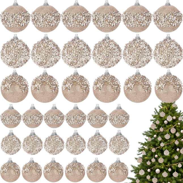 Poen 24 Pcs Glitter Christmas Ball Ornaments Set Christmas Tree Ornaments Hanging Sequin Foam Christmas Balls Decoration for Xmas Tree Wreath Garland Christmas Home Decor Wedding Party (Champagne)