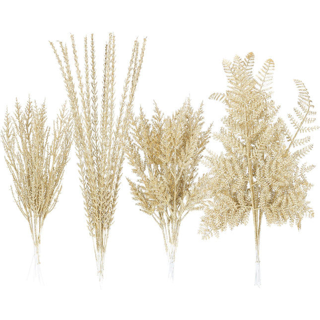 Sea Team 36-Pack Artificial Glitter Pine Twigs, Spruce Stem Ornaments, Decorative Fern Sticks, Picks, Branches for Christmas Tree, Wreath, Vase Fillers for Centerpieces, Home Décor, Gold