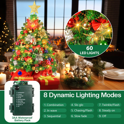 2FT Mini Christmas Tree, Small Christmas Tree with Lights, Prelit Tabletop Christmas Tree with 100 Branch Tips and 80+ DIY Ornaments, Christmas Decorations Indoor and s for Men Women