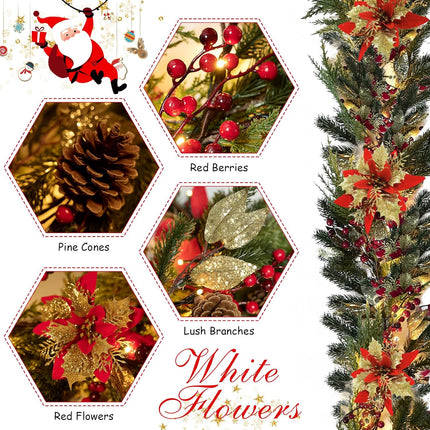 Pre-Lit Christmas Garland Decoration - 9FT Battery Christmas Garland with Lights, including Pine Cones, Safflower, Red Berry Cluster, Pine Branch, Leaves, Mixed Decors for Mantel Fireplace Stairs Door